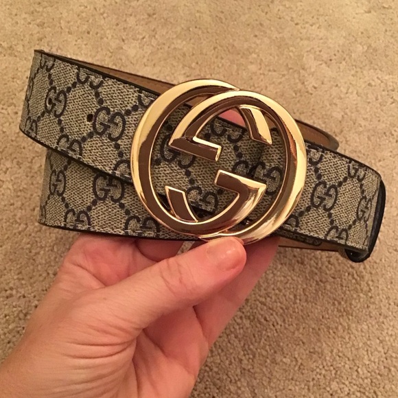 Gucci Gray/Navy Blue GG Supreme Canvas GG Buckle Belt Unisex - Picture 1 of 9